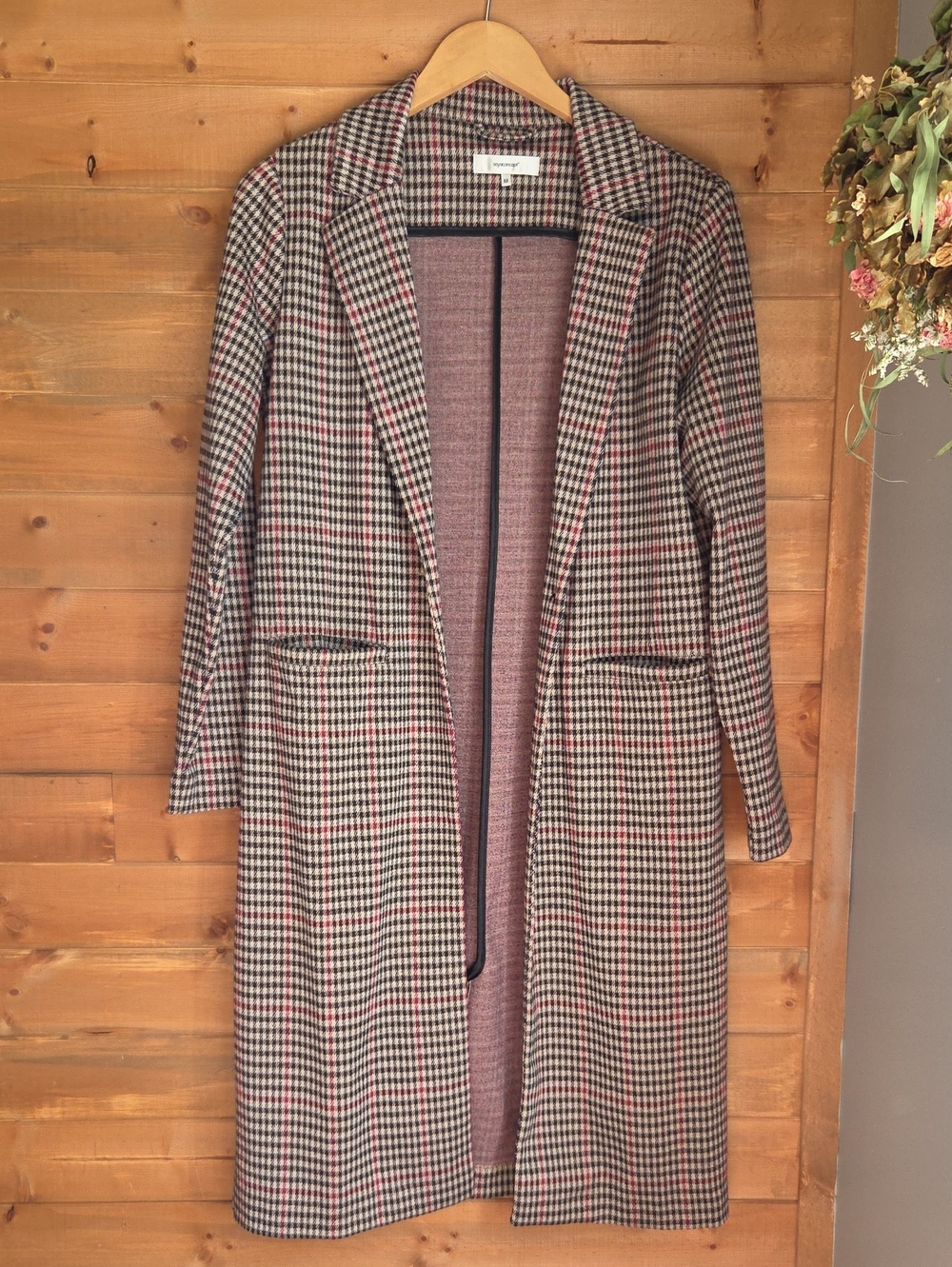 Houndstooth Long Pea Coat in Brown and Pink